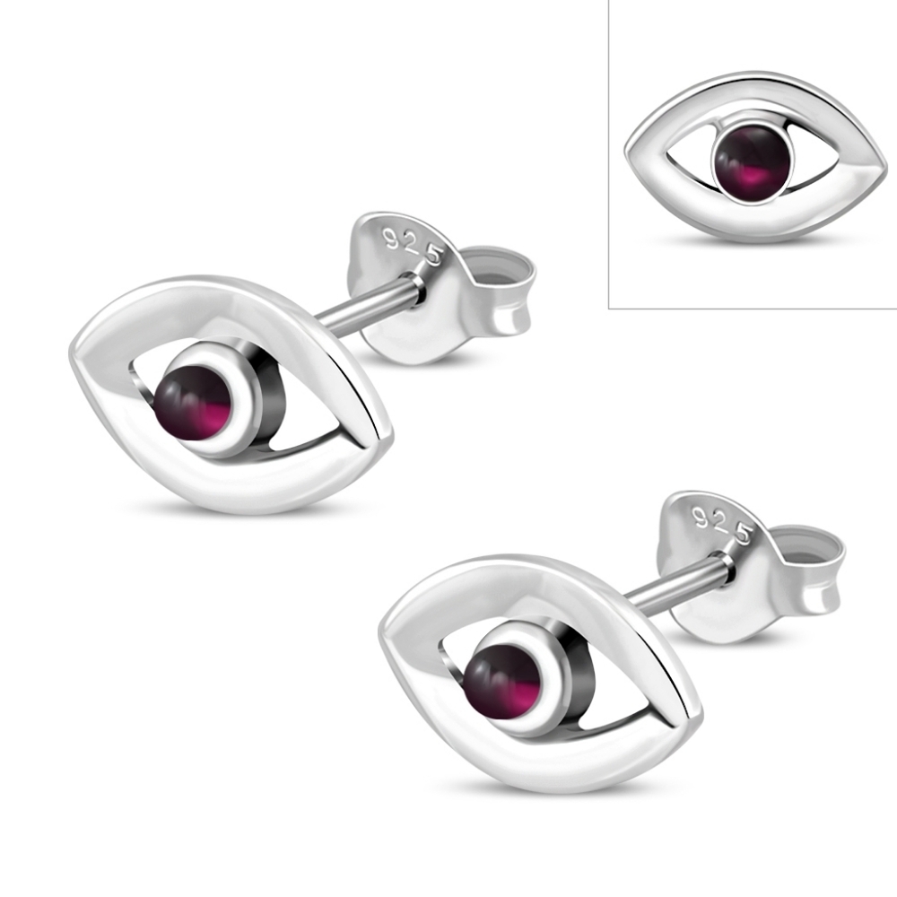 Earrings--Garnet Evil Eye Sterling Silver Studs